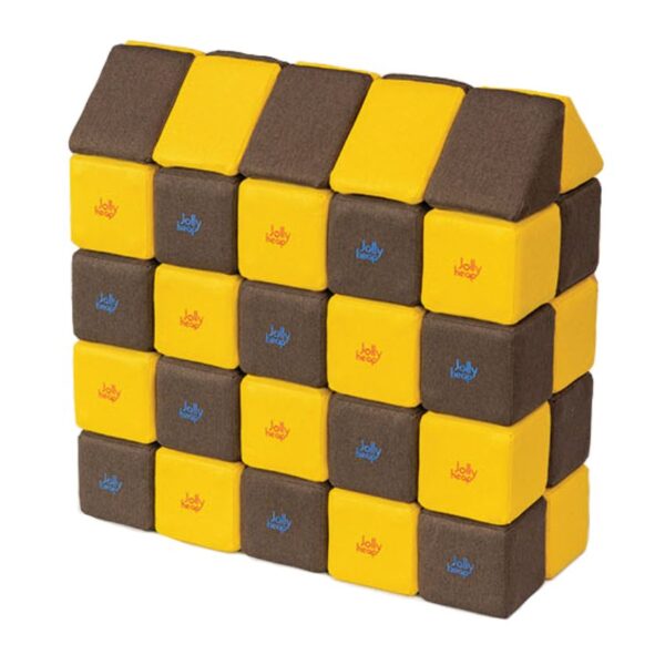 Bunte Schaumstoffbausteine in Gelb und Dunkelbraun, geeignet für Babys und Kleinkinder, zum Stapeln und Spielen im Innenbereich.