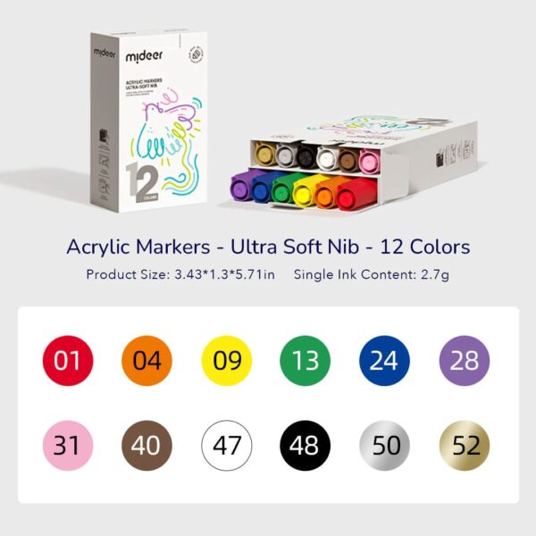 Mideer-MD1259-Acrylic Markers - Ultra Soft Nib - 12 Colors