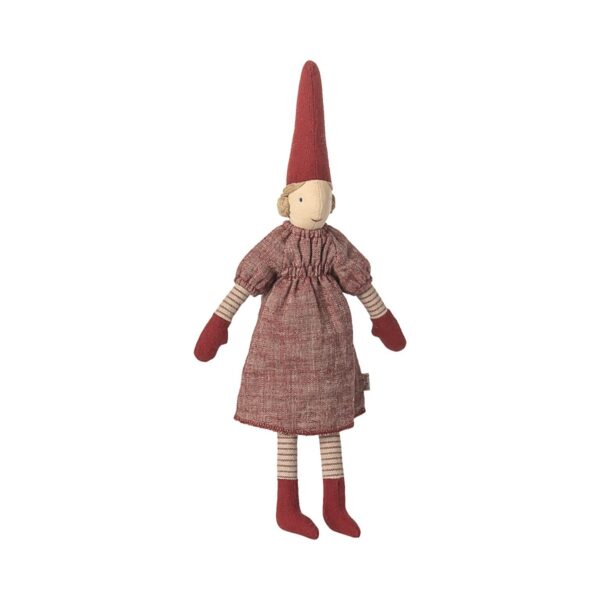 2. Niedlicher Stoff-Elfen mit rotem Hut, Kleid und gestreiften Armen und Beinen, handgefertigt, perfekt als Kuscheltier oder Dekoration.