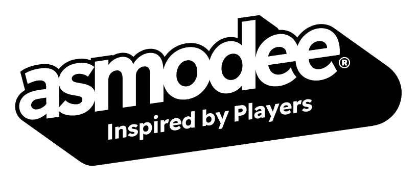 Asmodee logo auf weißem Hintergrund, schwarzer Schriftzug mit Slogan "Inspired by Players" darunter, modernes Design, repräsentiert die Spiele- und Puzzle-Marke, klar und auffällig.