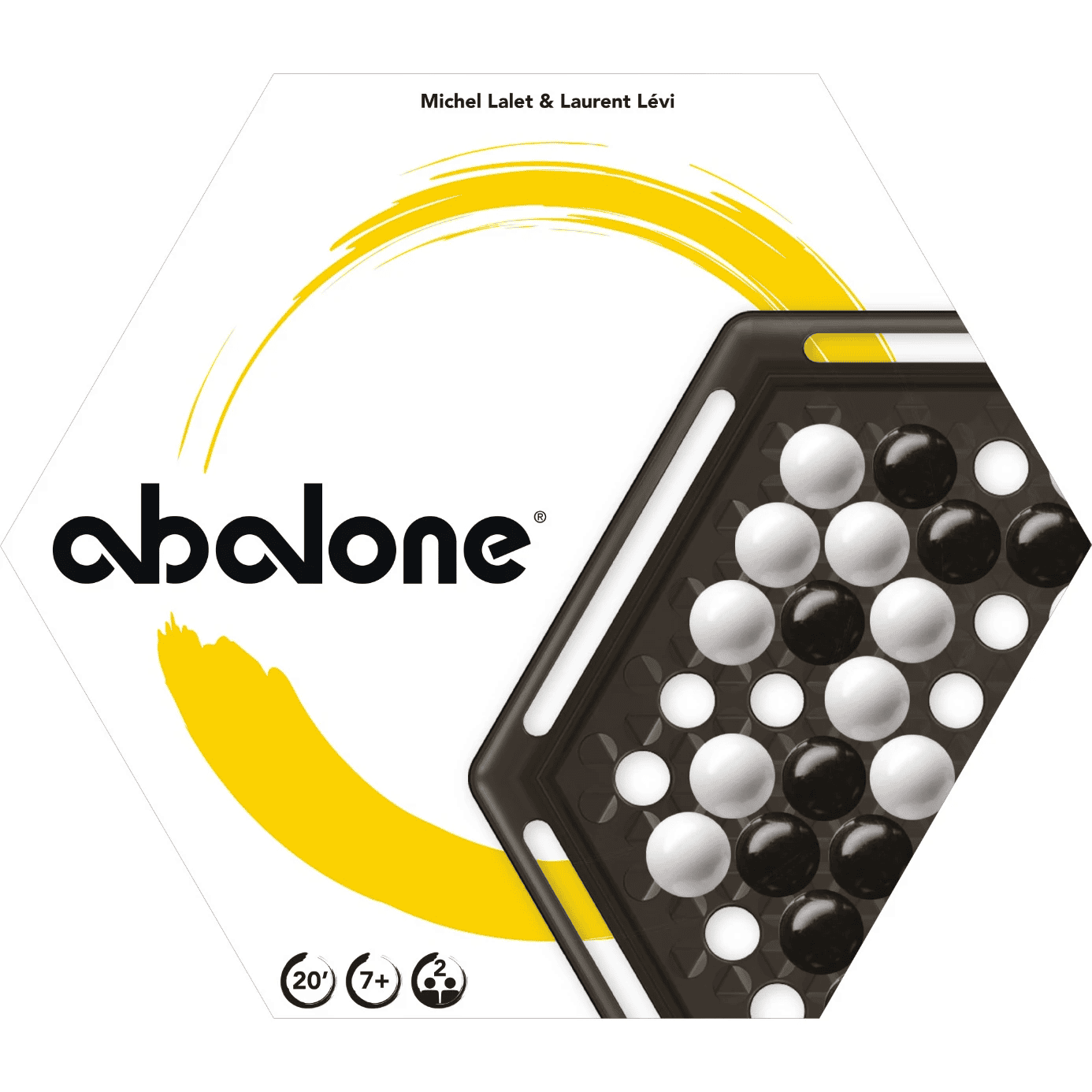 abalone-ZYGD0041-1 Weiß- und schwarze Kugeln, die eine Abalone-Gameboard-Seite auf einem weißen Hintergrund zeigen, mit schwarzer Abalone-Logo und Gelb-Design.